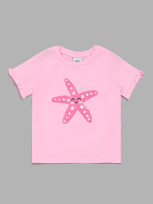 HOP Kids Star-Fish Embellished Pink T-Shirt
