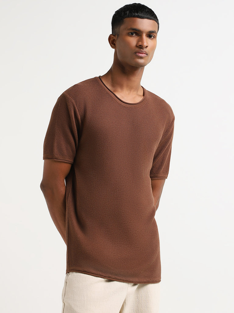 ETA Dark Brown Self Patterned Cotton Slim Fit T-Shirt