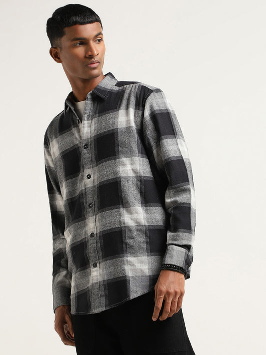 Nuon Black Checked Cotton Relaxed Fit Shirt