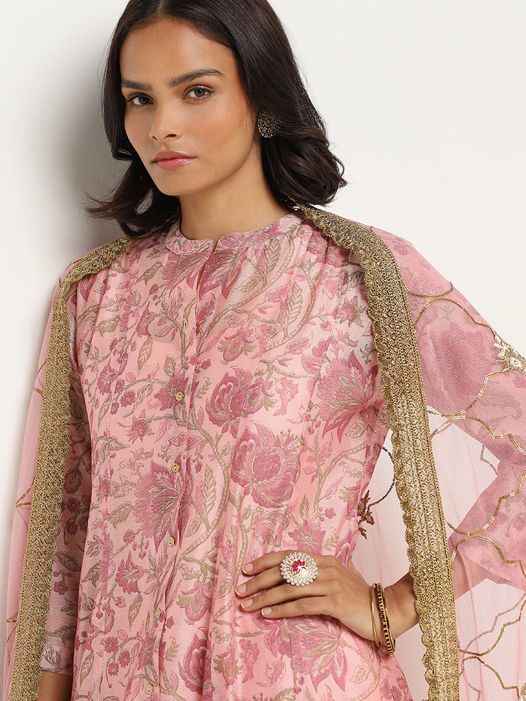 Vark Pink Printed Kurta with Inner, Palazzos & Dupatta Set