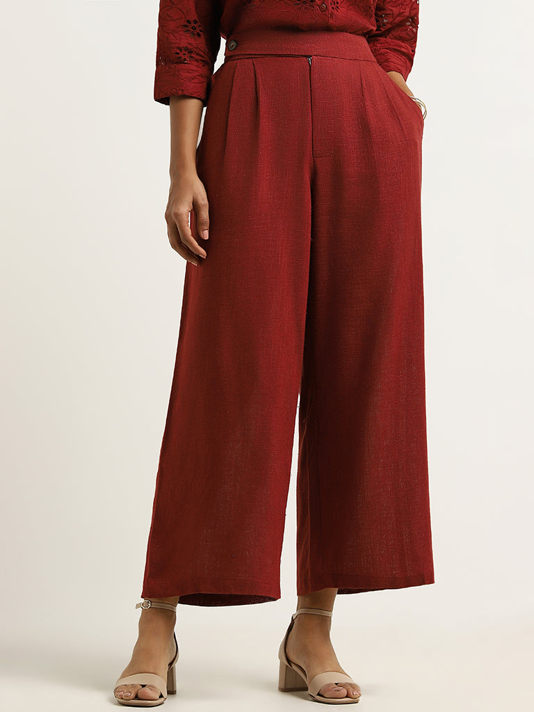 Red Solid Wide Leg Trousers - Cider