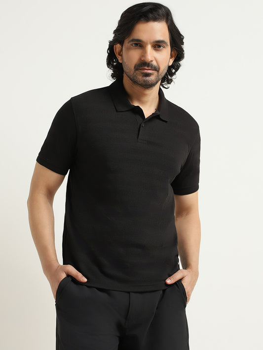 WES Casuals Black Self-Patterned Cotton Slim Fit T-Shirt