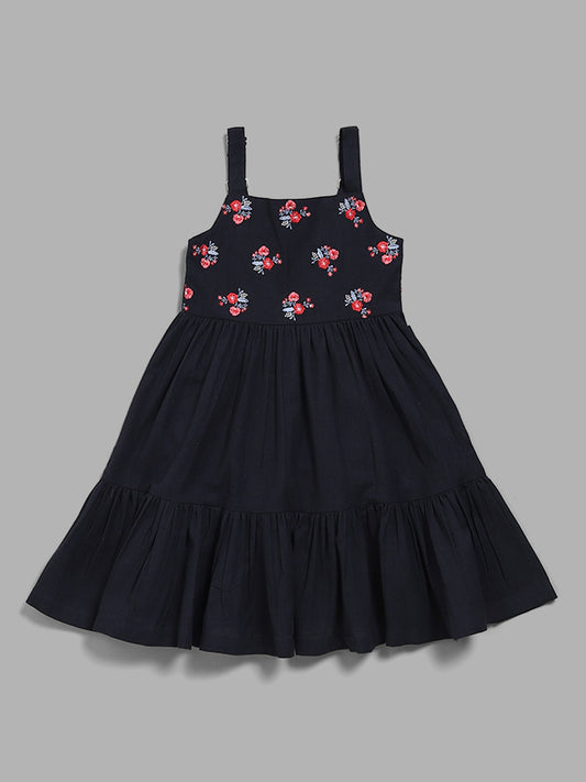 Utsa Kids Navy Floral Embroidered Tiered Dress