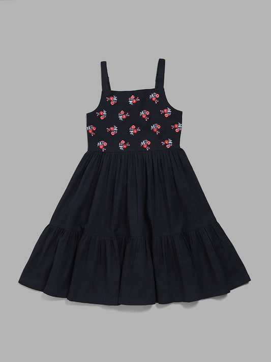 Utsa Kids Navy Floral Embroidered Tiered Dress