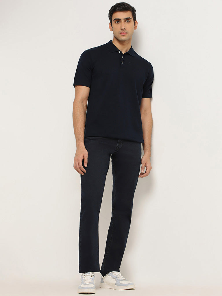 Ascot Navy Self-Patterned Relaxed Fit T-Shirt