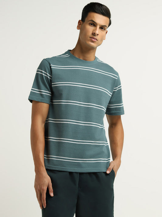 WES Lounge Green Striped Cotton Blend Relaxed Fit T-Shirt