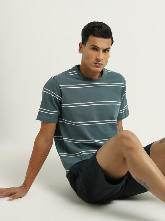 WES Lounge Green Striped Cotton Blend Relaxed Fit T-Shirt