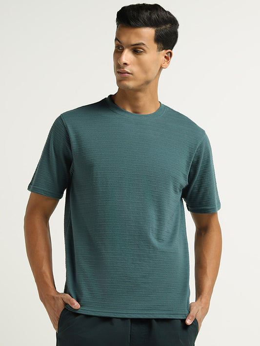 WES Lounge Dark Green Textured Cotton Blend Relaxed Fit T-Shirt