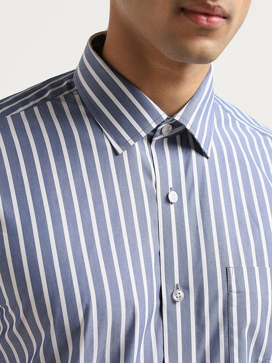 WES Formals Blue Striped Cotton Relaxed Fit Shirt
