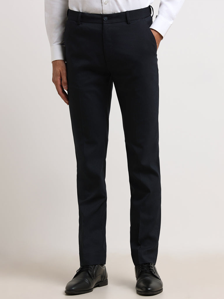 Buy WES Formals Solid Navy Ultra-Slim Fit Trousers from Westside