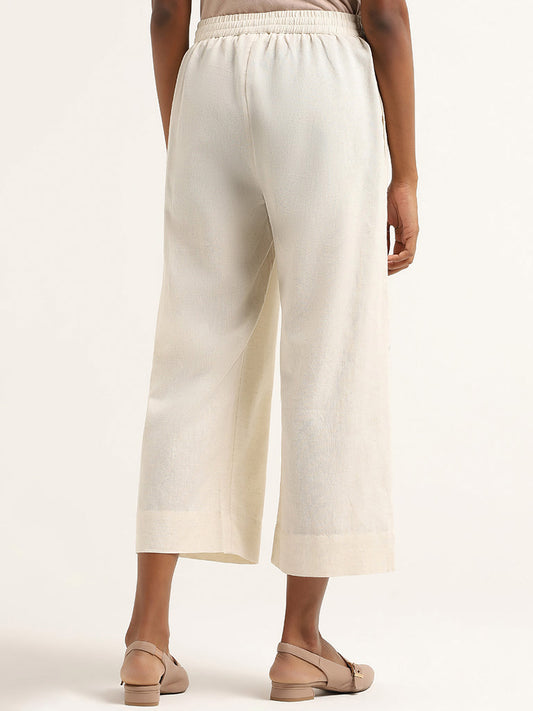 Utsa Off White Cotton Straight Leg Pants