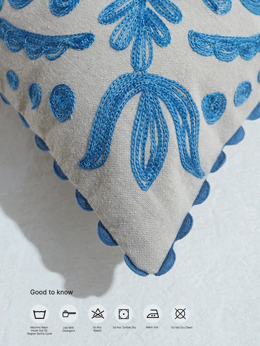 Westside Home Blue Damask Embroidered Cushion Cover