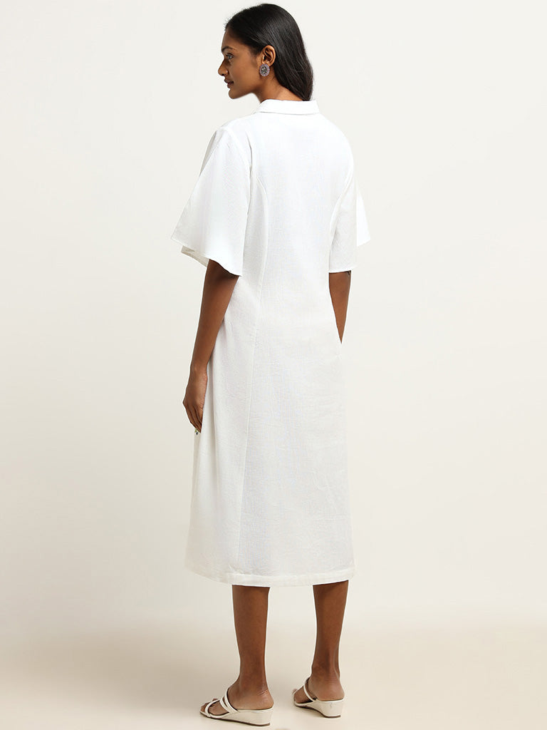 Utsa White Collared Midi Dress with Belt