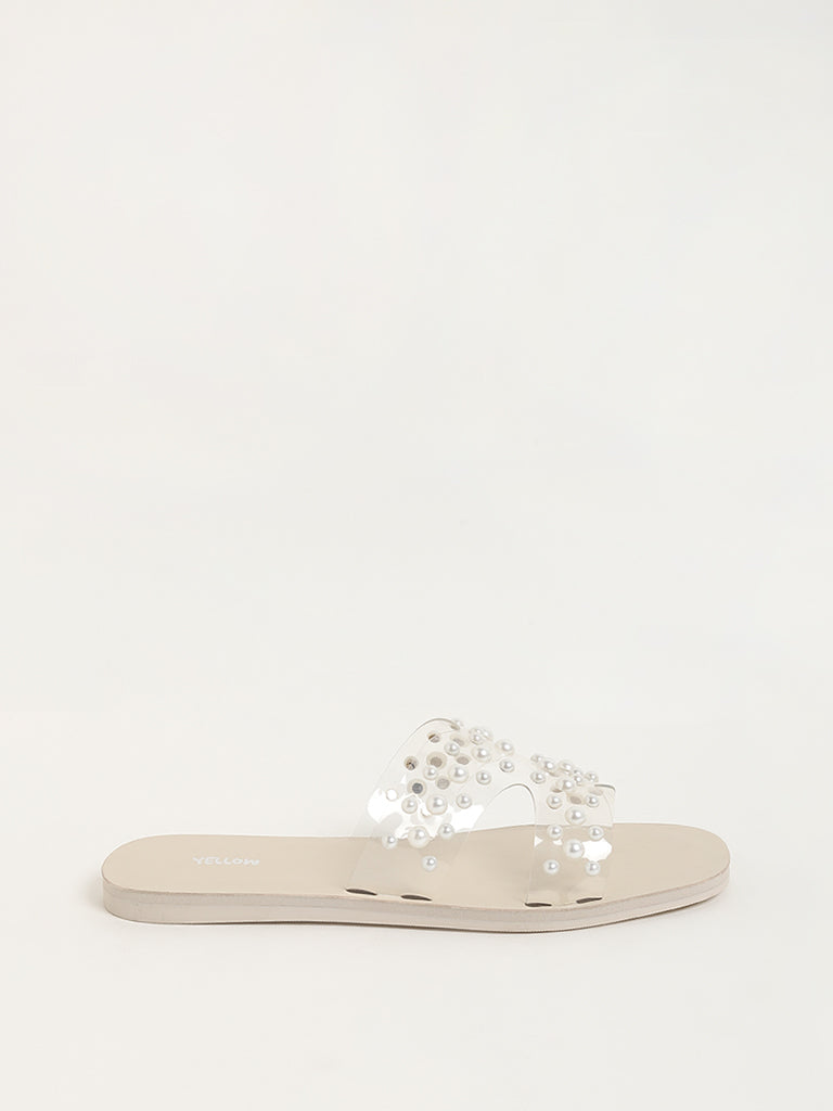 Buy Yellow White Pearl Adorned Slip On Sandals from Westside