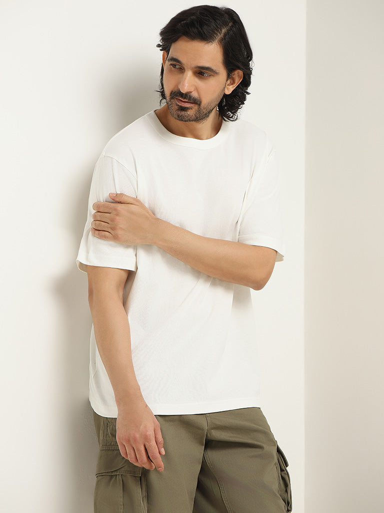 WES Casuals Plain White Relaxed-Fit Cotton T-Shirt