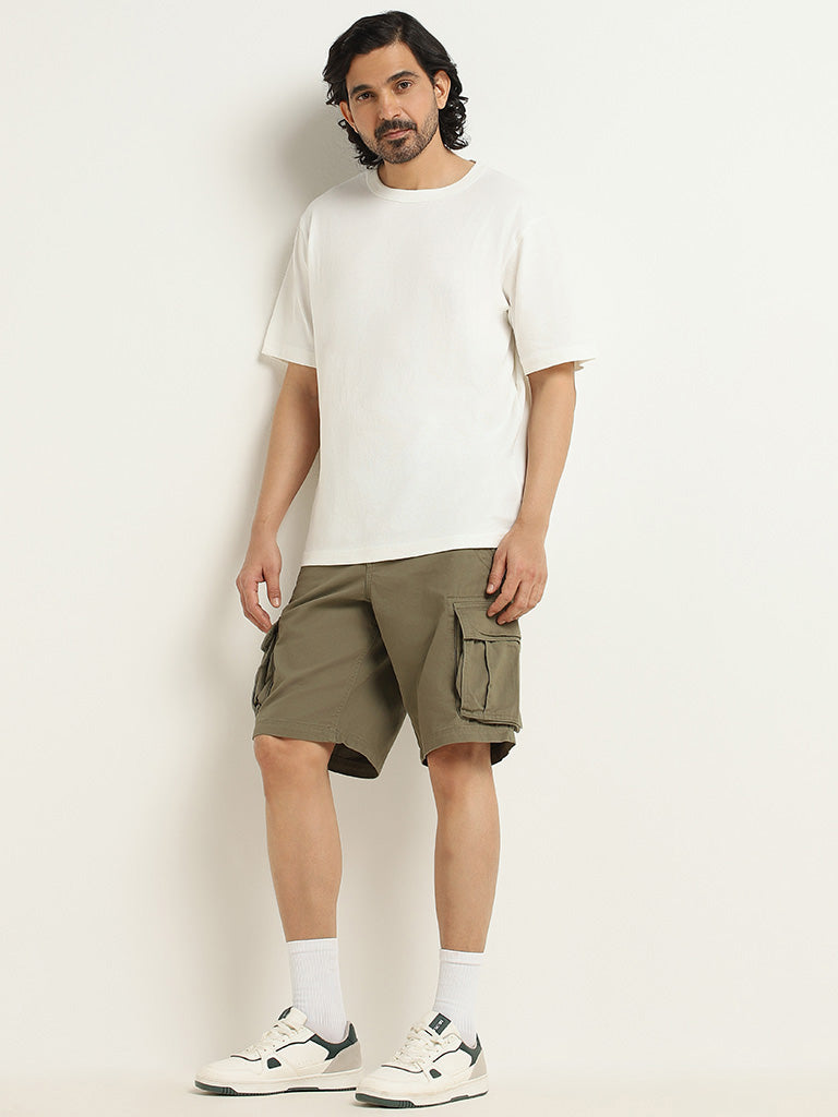 WES Casuals Plain White Relaxed-Fit Cotton T-Shirt