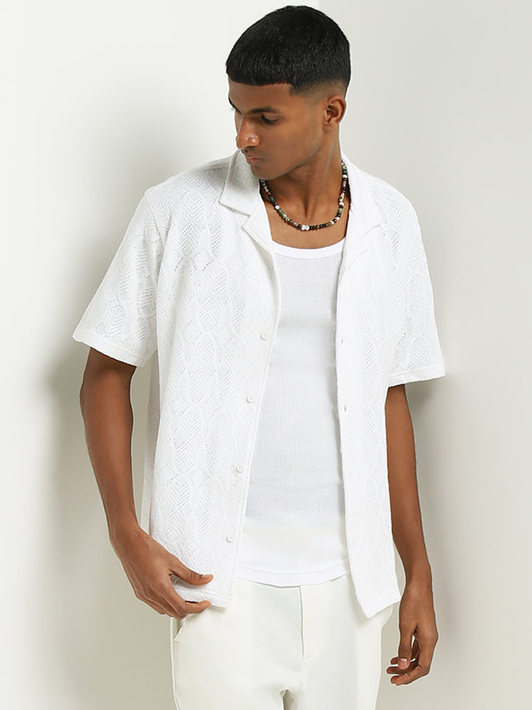 ETA White Crochet Cotton Blend Relaxed Fit Shirt