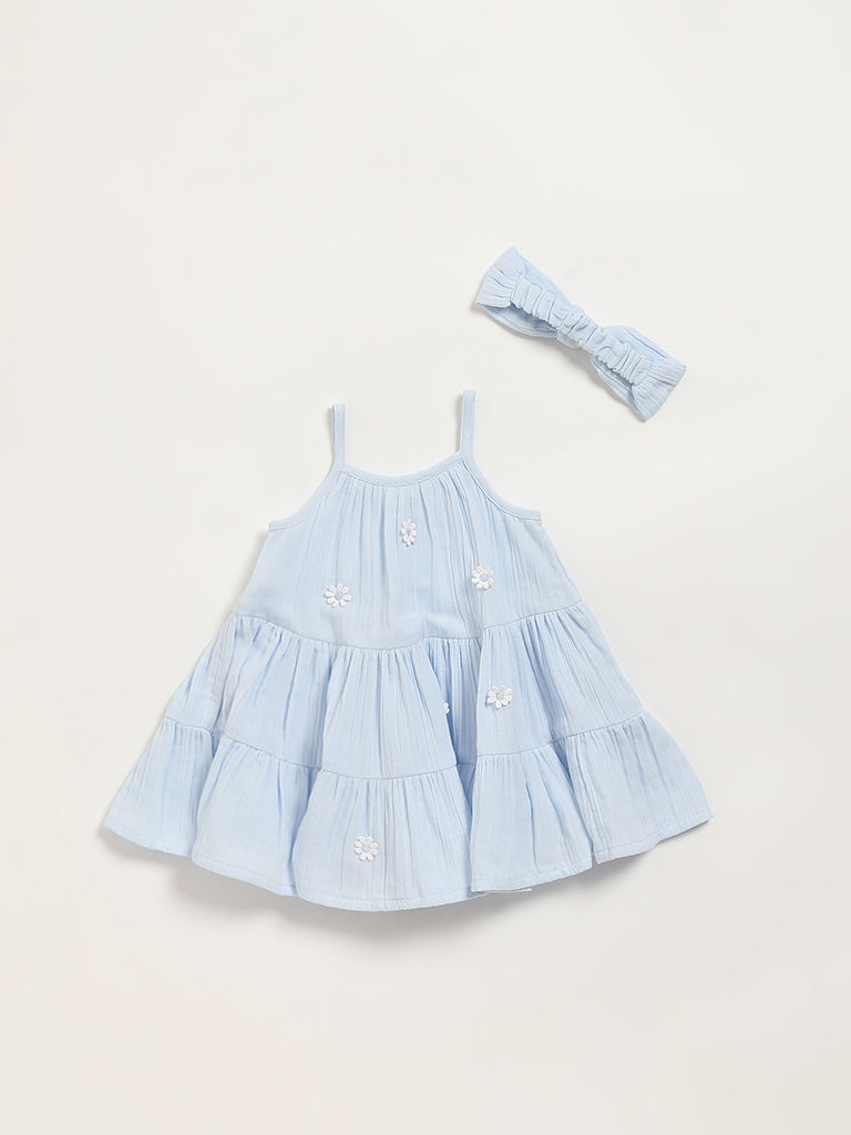 Flower Girl White Dress with Blue Silk Sash | Pepa London