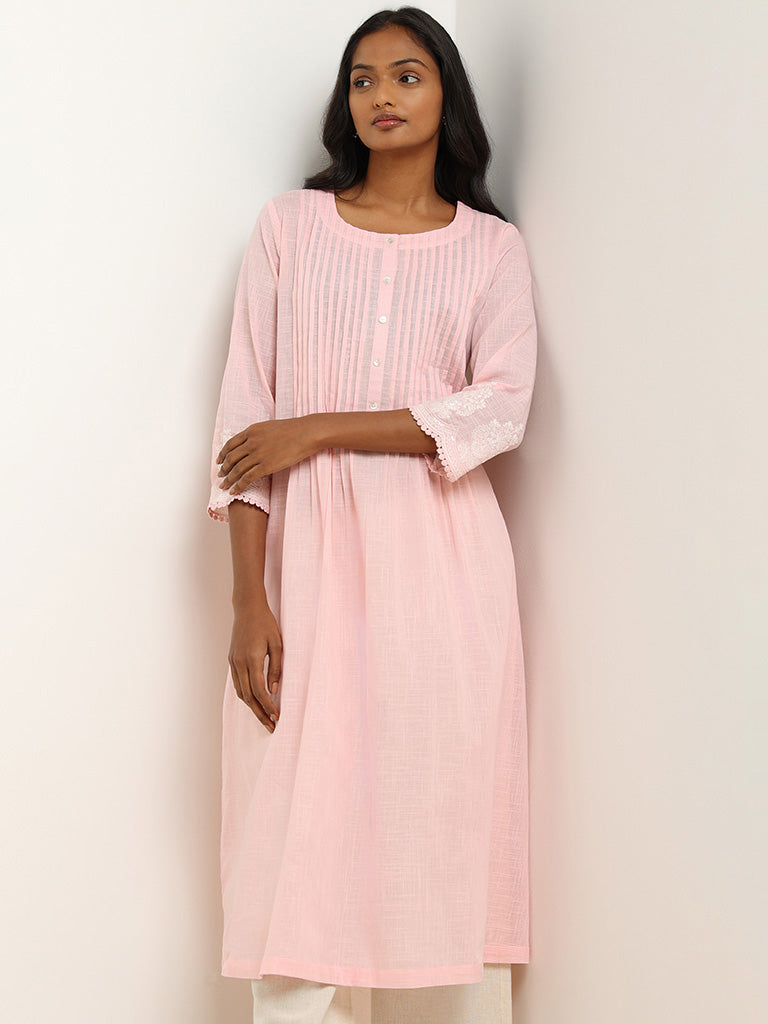 Utsa Pink Pintuck A-Line Cotton Kurta