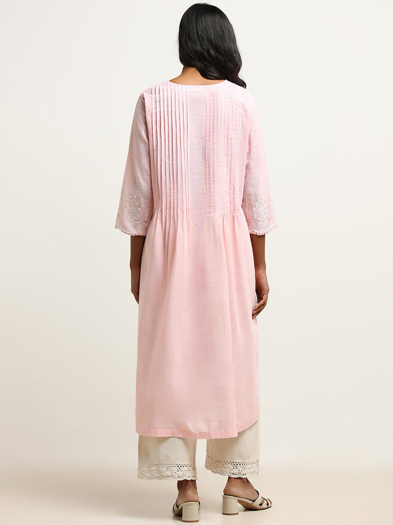 Utsa Pink Pintuck A-Line Cotton Kurta