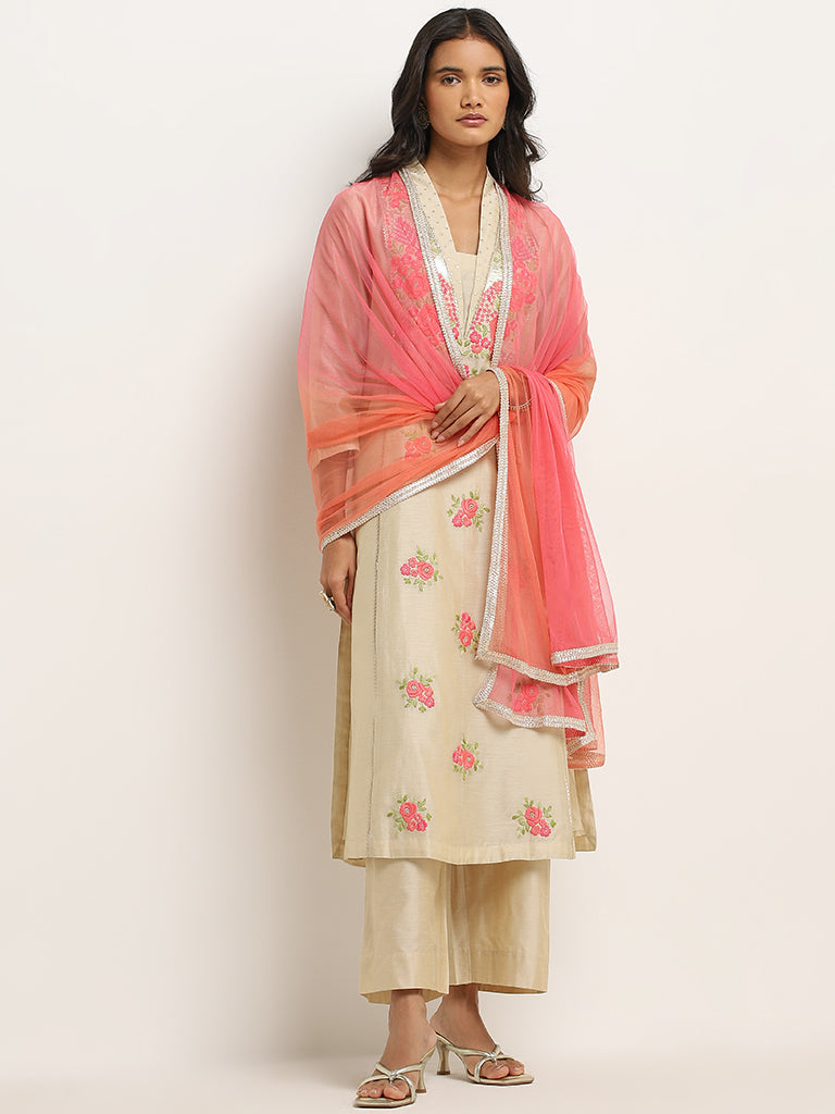 Vark Beige Floral Straight Kurta, Ethnic Pants & Dupatta Set