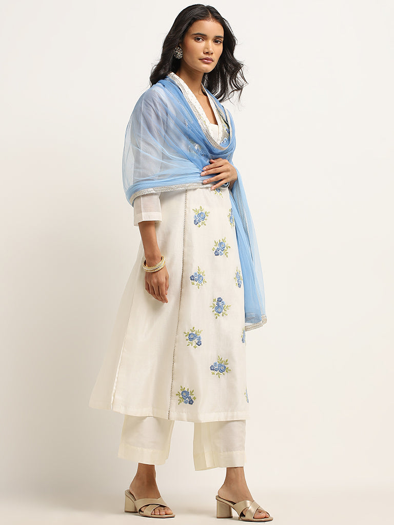 Vark Off-White Straight Kurta, Ethnic Pants & Dupatta Set