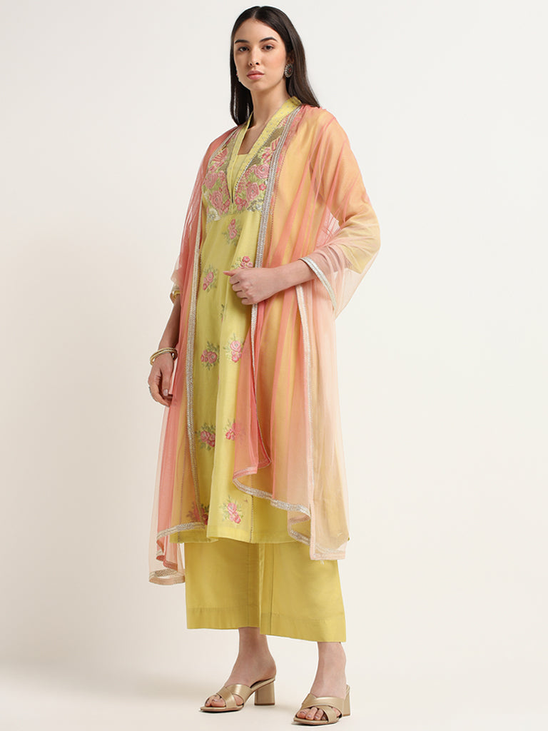 Vark Mustard Embroidered Kurta, Pants & Dupatta Set