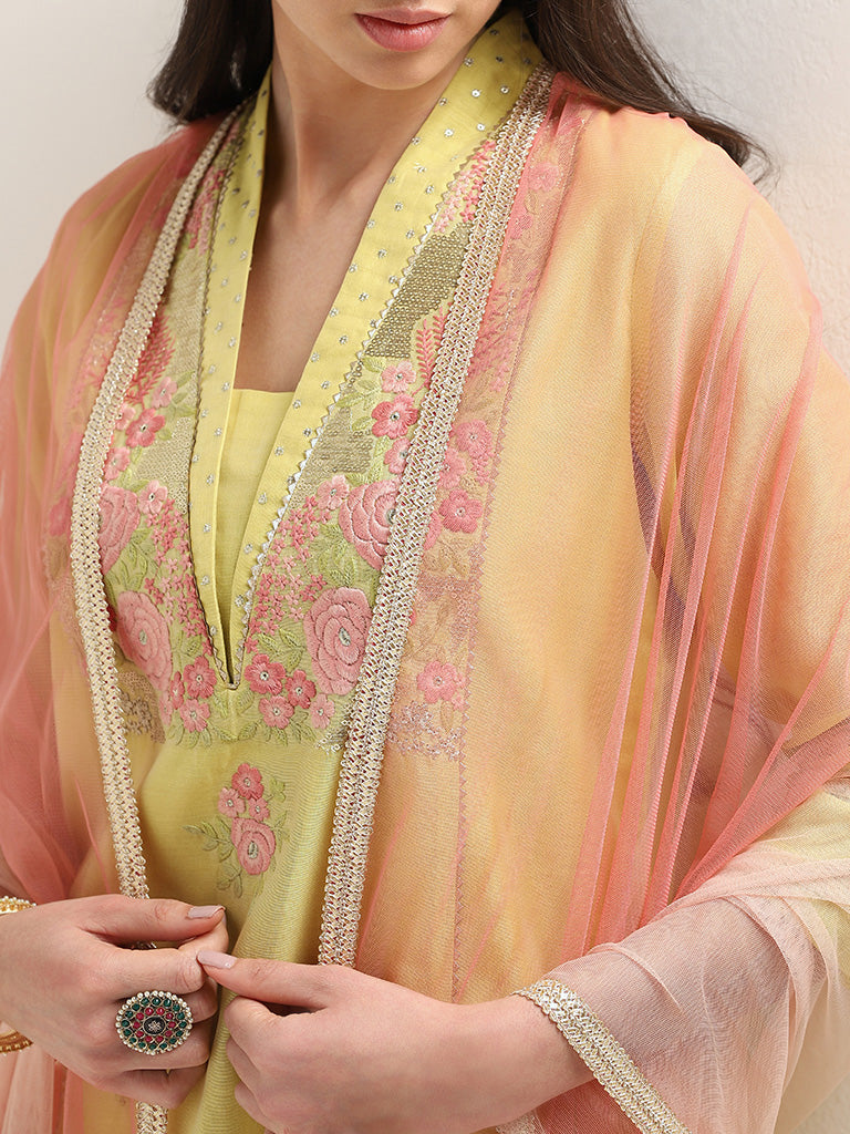 Vark Mustard Embroidered Kurta, Pants & Dupatta Set