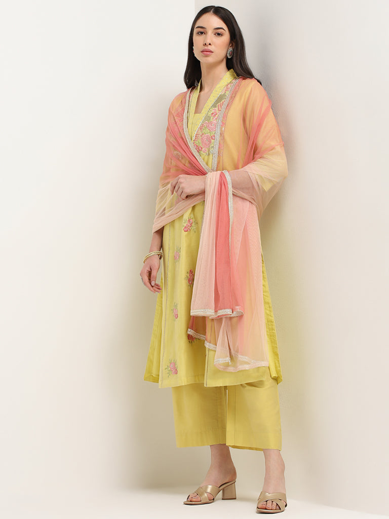 Vark Mustard Embroidered Kurta, Pants & Dupatta Set