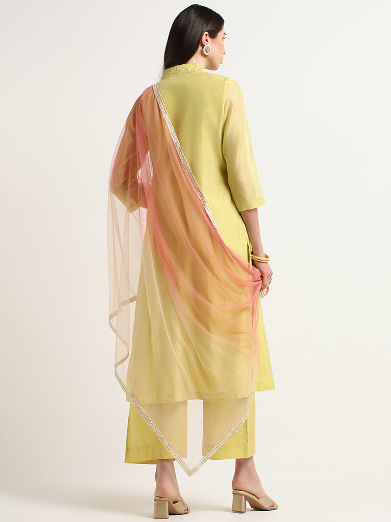 Vark Mustard Embroidered Kurta, Pants & Dupatta Set