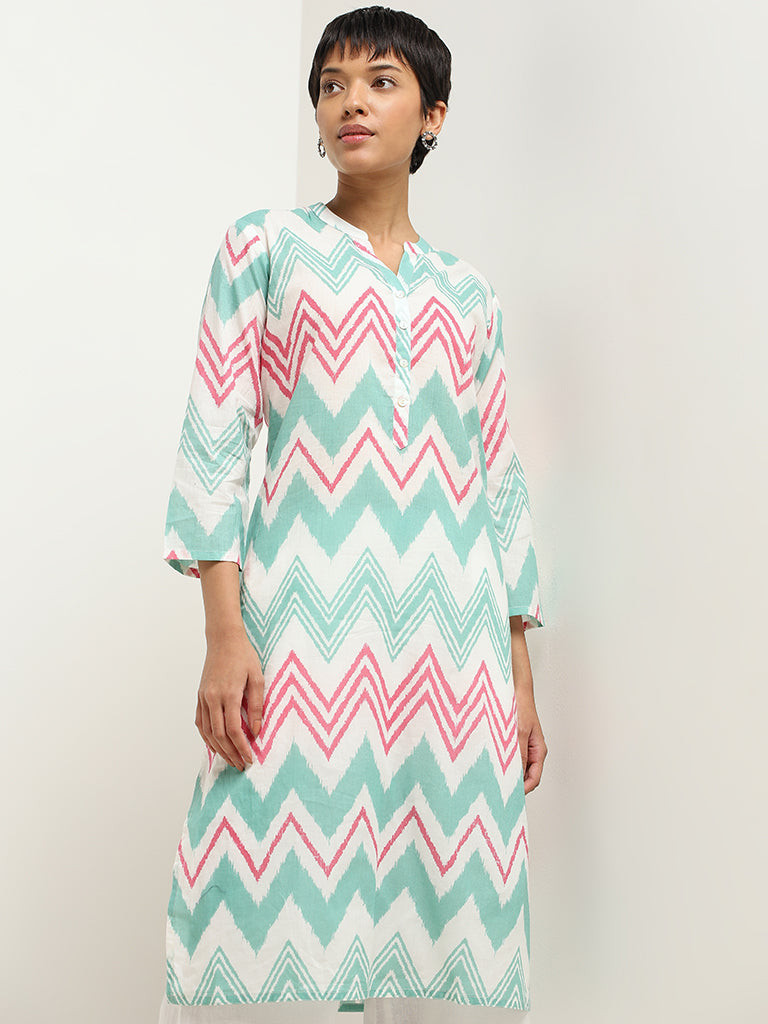 Utsa Turquoise Chevron Printed Cotton Kurta