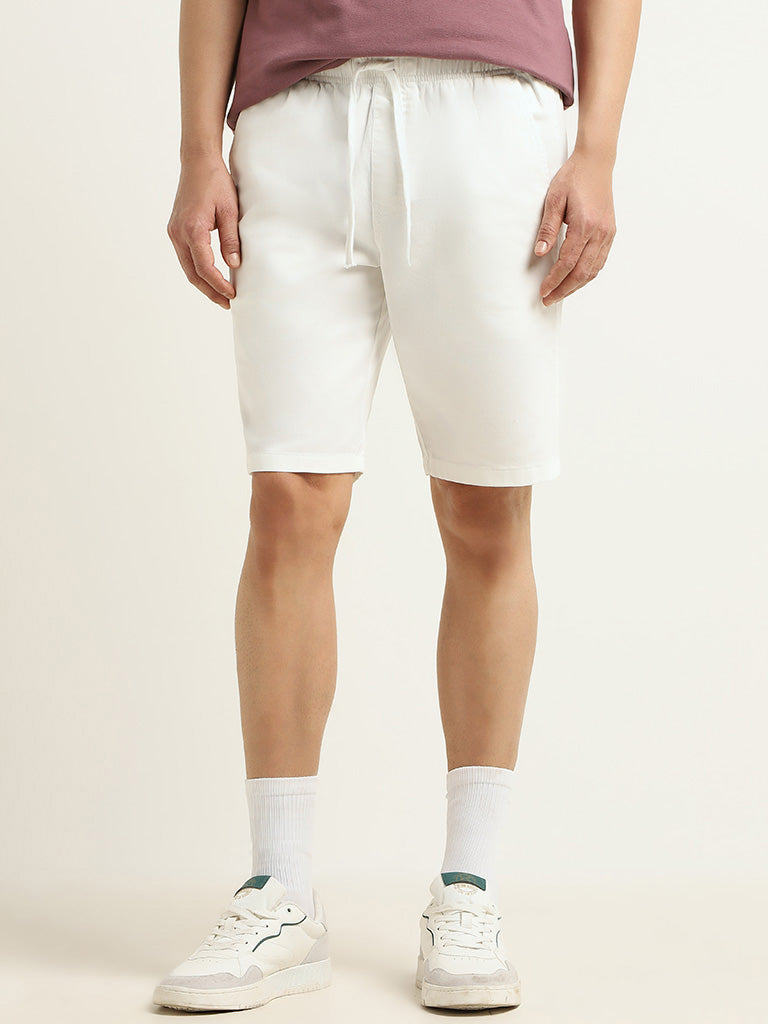 WES Casuals Plain White Cotton Relaxed Fit Shorts