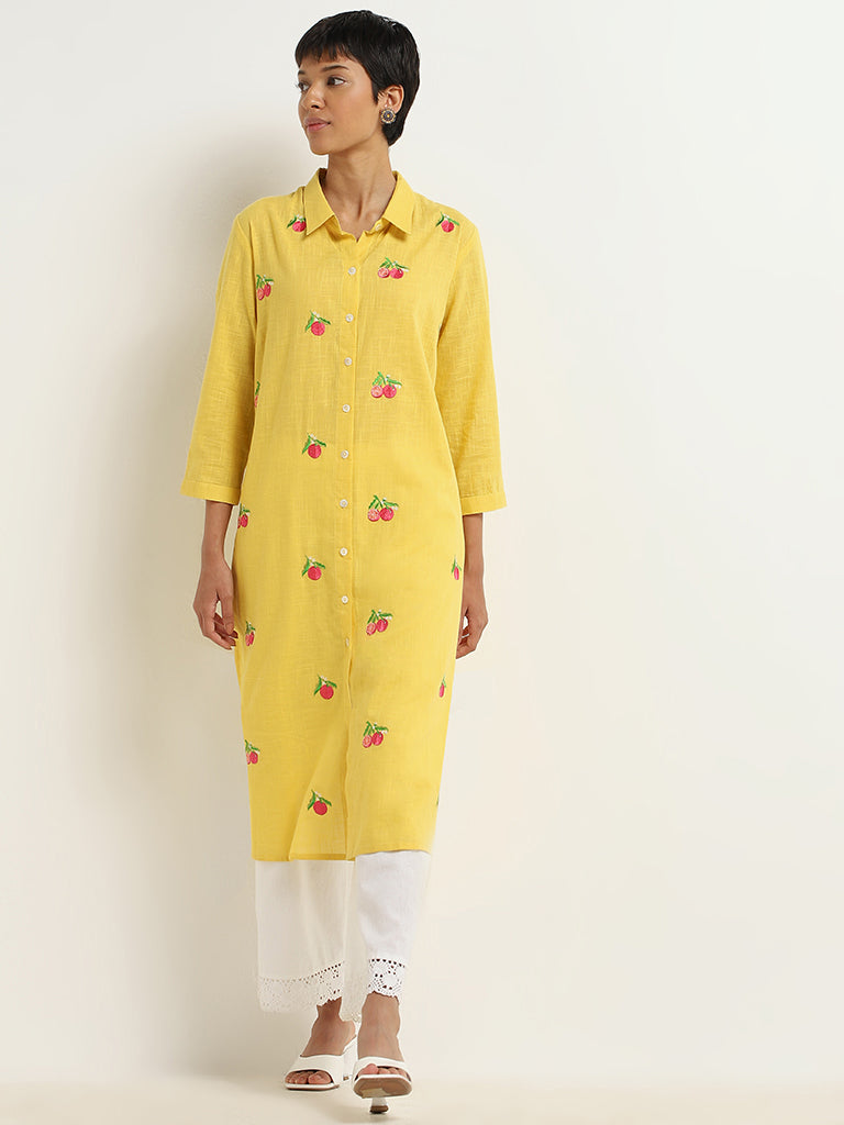 Utsa Yellow Button-Down Embroidered Cotton Kurta