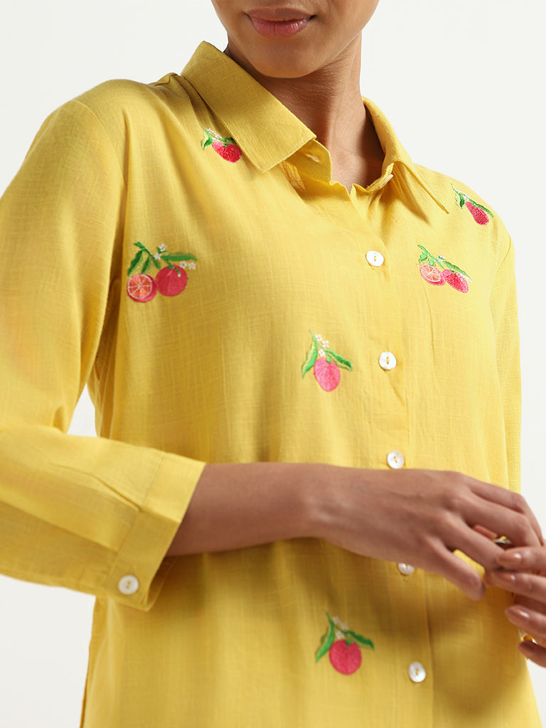 Utsa Yellow Button-Down Embroidered Cotton Kurta