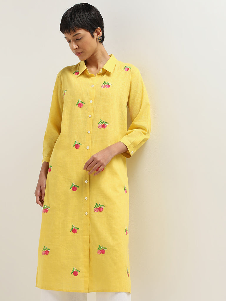 Utsa Yellow Button-Down Embroidered Cotton Kurta