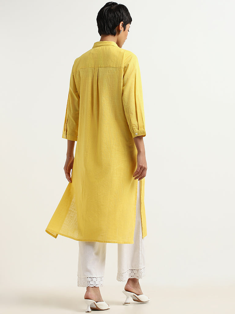 Utsa Yellow Button-Down Embroidered Cotton Kurta