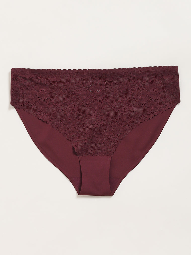 Wunderlove Burgundy Lace Invisible Hi-Leg Brief