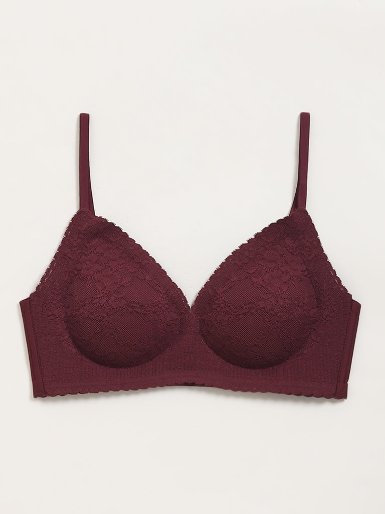 Wunderlove Burgundy Lace Design Invisible Padded Bra