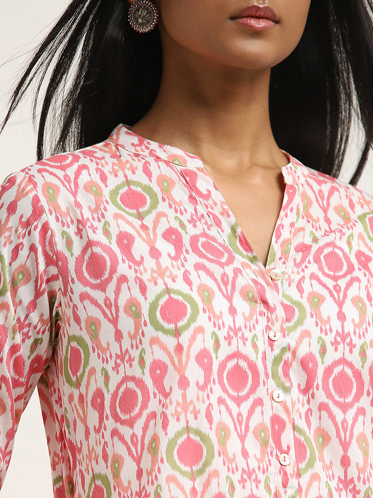 Utsa Pink Ikat Design Straight Cotton Kurta