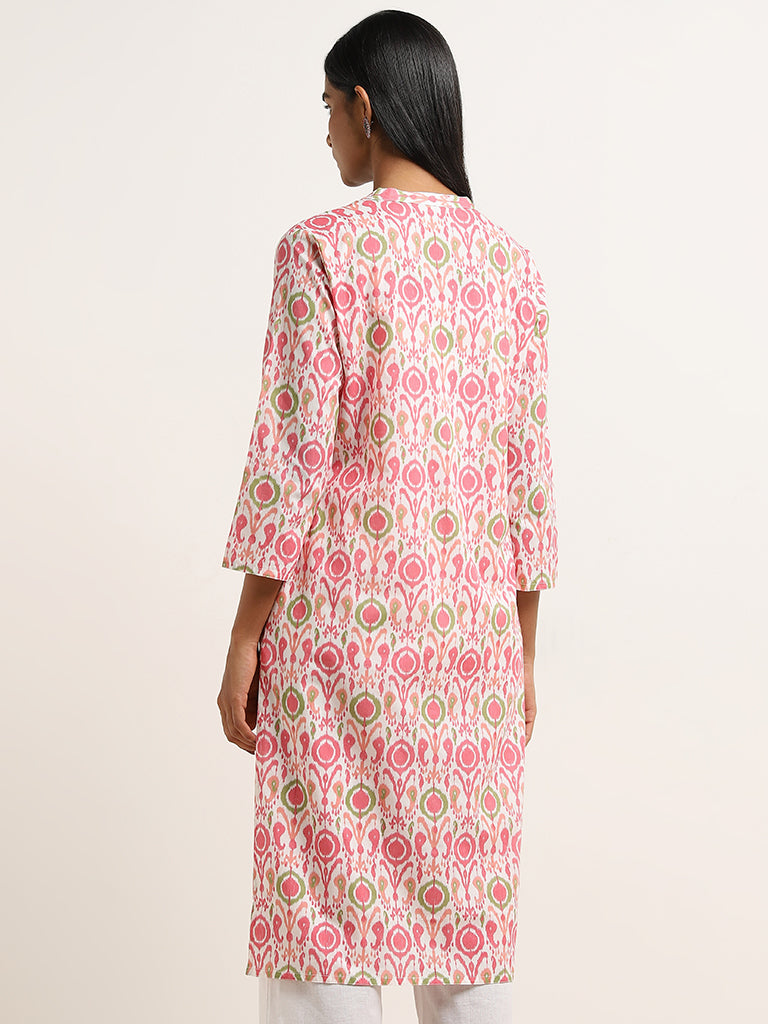 Utsa Pink Ikat Design Straight Cotton Kurta