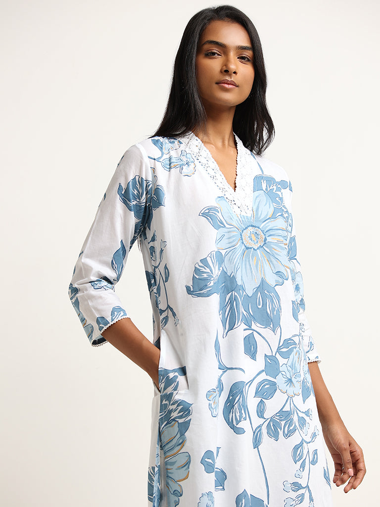 Utsa Blue Straight Fit Printed Cotton Kurta