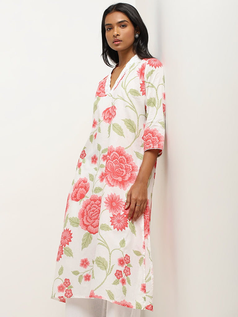 Utsa Coral Floral Print A-Line Cotton Kurta