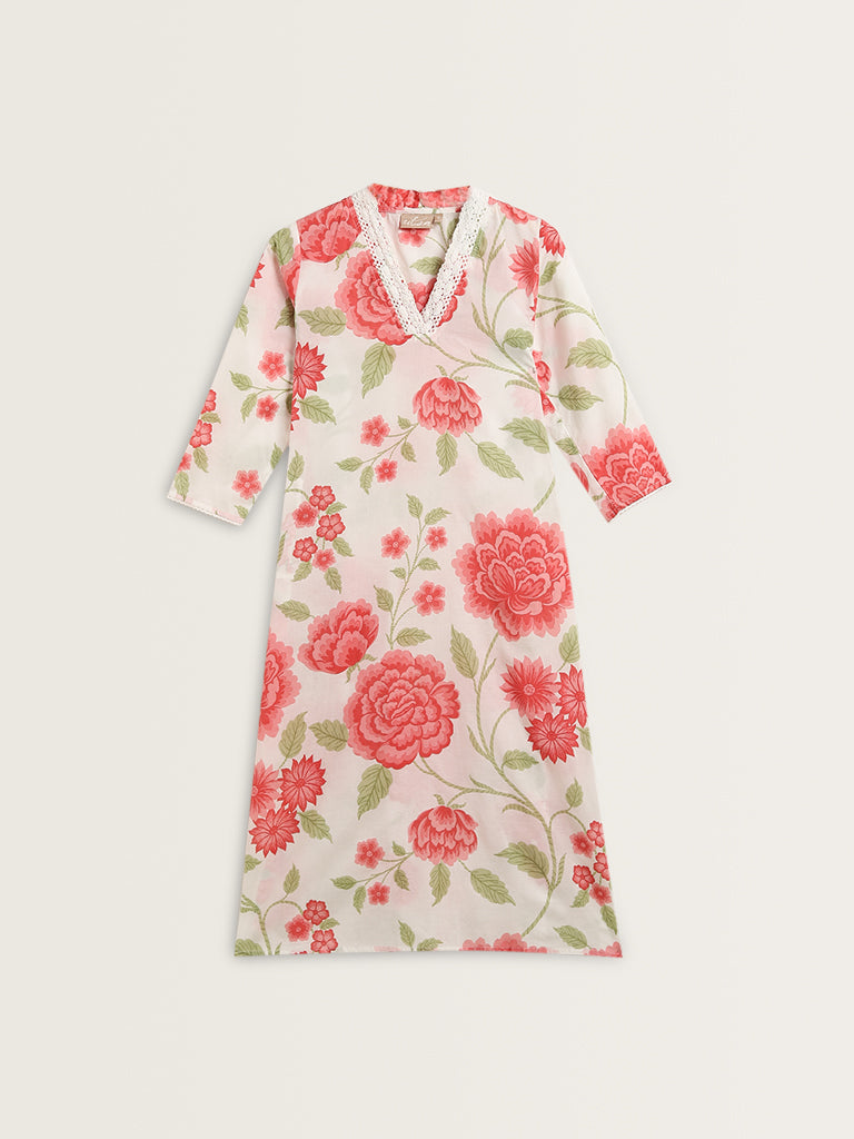 Utsa Coral Floral Print A-Line Cotton Kurta