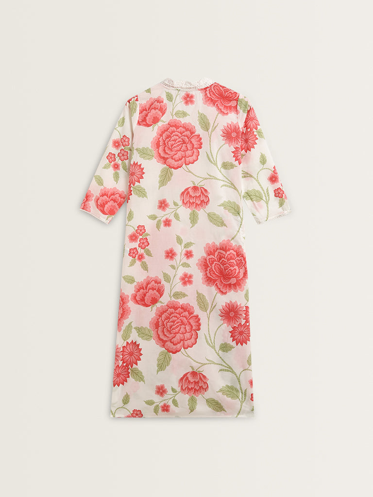 Utsa Coral Floral Print A-Line Cotton Kurta