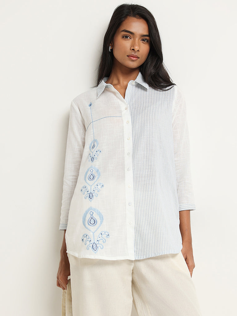 Utsa White Embroidered Stripe Cotton Tunic