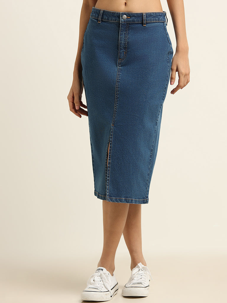 Buy Women's Premium with Slit and Pocket Clean Look Fitten Mini Denim Skirt  (Dark Blue) at Amazon.in