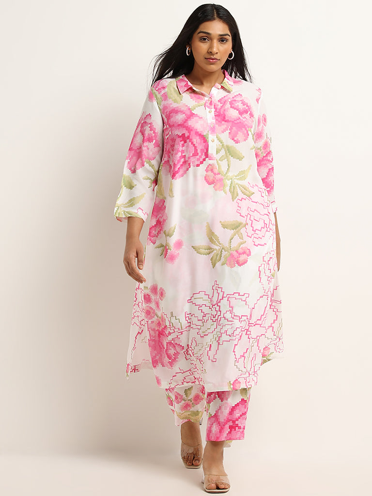 Diza Pink Floral Print Collared Kurta