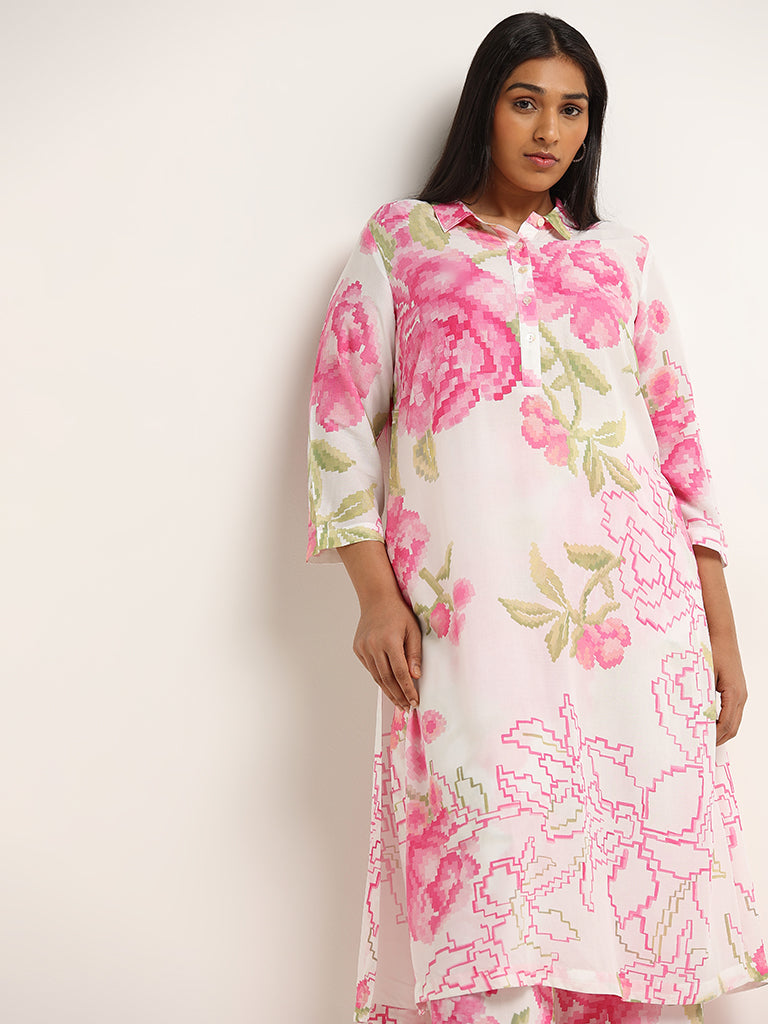 Diza Pink Floral Print Collared Kurta