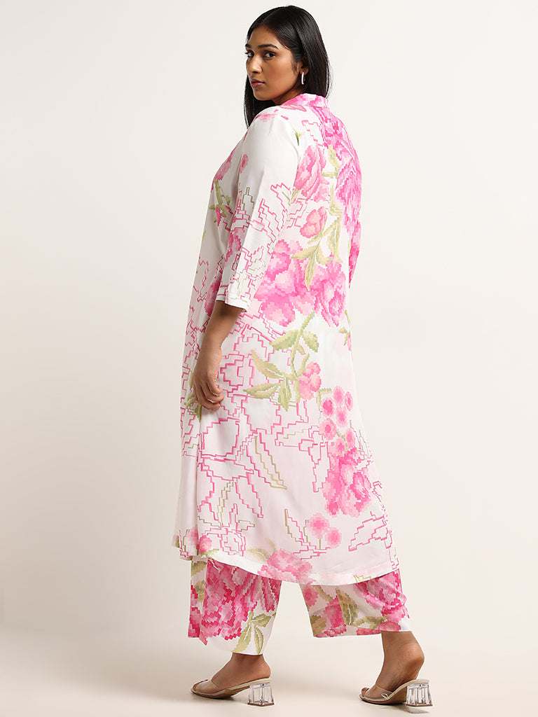 Diza Pink Floral Print Collared Kurta