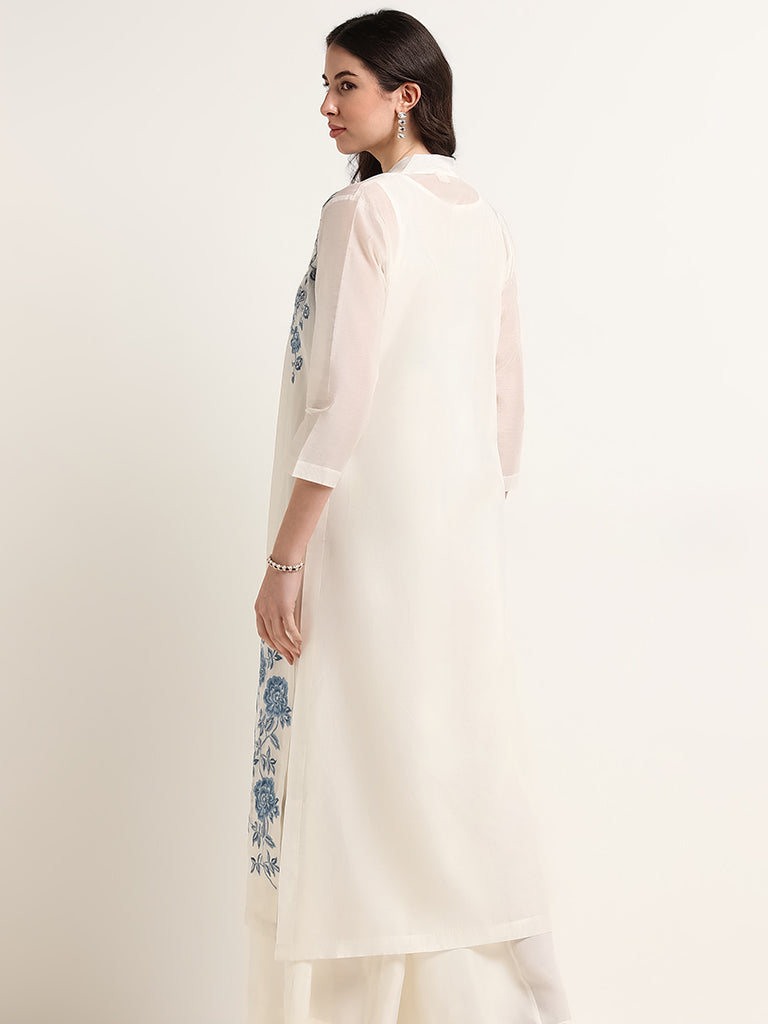 Vark White Embroidered Maxi Dress & Overlay Jacket Set